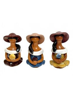 Set of 3 Vintage Handmade Terracotta Women Figurines Latin American Folk Pottery